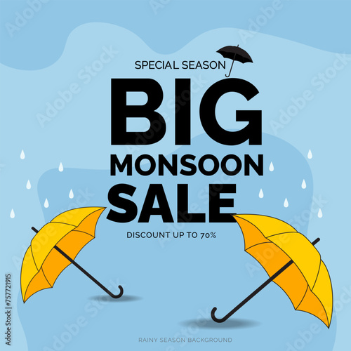 vector design monsoon season sale horizontal banner promotion with a podium for display products. umbrellas, clouds, rainfall, rainbow.