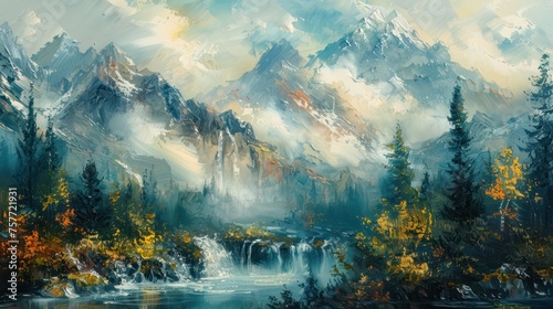 A textured oil painting showcasing a breathtaking natural landscape with mountains and tropical forests, crafted with a bold color palette and a palette knife technique. © Matthew