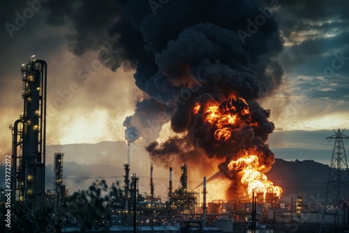 A powerful explosion at an industrial oil refinery resulting in a large plume of black smoke billowing out