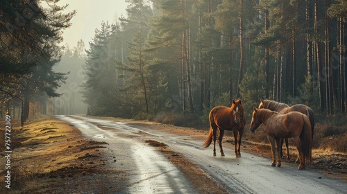 Horses standing on the road near forest at early morning or evening time. Road hazards, wildlife and transport.