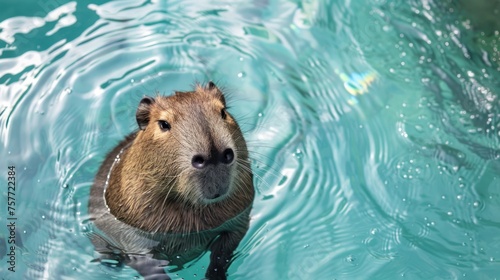 A happy and cute capybara floating on the water, the water is light blue and transparent, the water has sparkling ripples, details,high definition,  © Chhayny