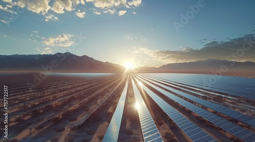 large solar farm represents clean energy and sustainability  paying attention to light  color and composition at the right time