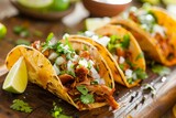 A close-up view of three Mexican tacos placed on a wooden cutting board