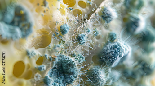 Microcosm of Flavor: Penicillium's Crucial Craft in Cheese Aging. An up-close look at the blue-green spores of Penicillium mold, whose critical role in aging cheese transforms flavor and texture.