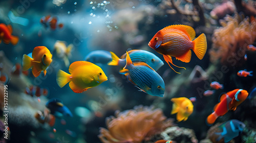 Colorful fishes swimming in vibrant underwater coral reef, creating a mesmerizing aquatic scene. Tropical marine life exploration and biodiversity concept. Generative AI

