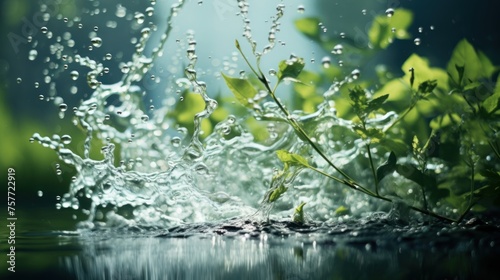 Water splash with green plants and drops.