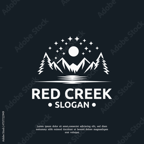 Red Creek Adventure logo design template. a scenic landscape of a flowing creek surrounded by vibrant red foliage, perfect for nature-themed designs and advertising.