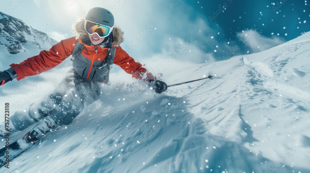 action photoshoot of a woman skier carving on the snow, close to the camera, ultra low angle, wide angle , snowflakes and ice on the