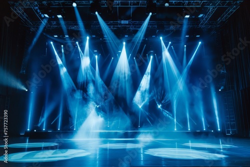 People standing on a modern stage with bright lights, ready to perform a dance production