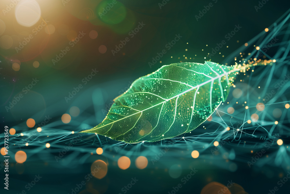 Naklejka premium magic green leaf on digital technology background by generative AI.