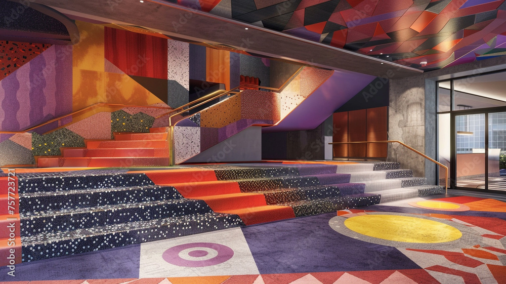 Designing a staircase in a bold geometric pattern, with each step a different primary color, to create a playful and eye-catching focal point in the lobby.