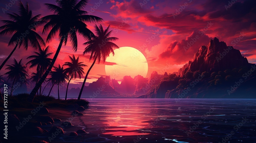 Tropical beach with palm trees. Retrowave landscape background.