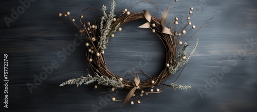 A body jewelry wreath made of natural materials, such as branches and flowers, hangs on a wooden wall. The circleshaped fashion accessory adds a touch of electric blue to the event decor photo