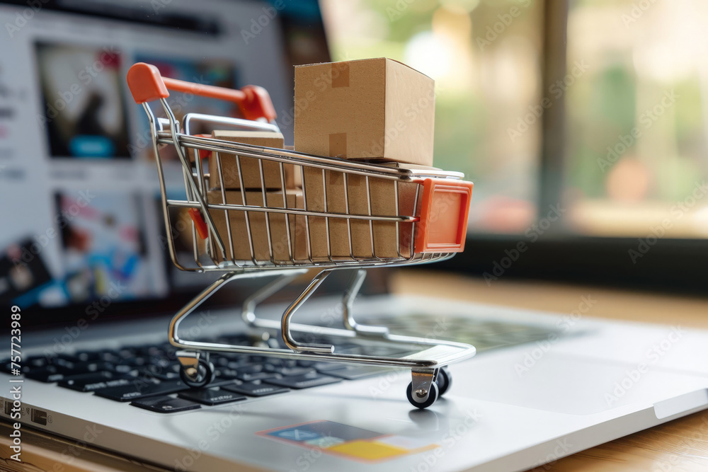 A shopping cart sits on top of a laptop computer, symbolizing online shopping and e-commerce A shopping cart sits on top of a laptop computer, symbolizing online shopping and e-commerce