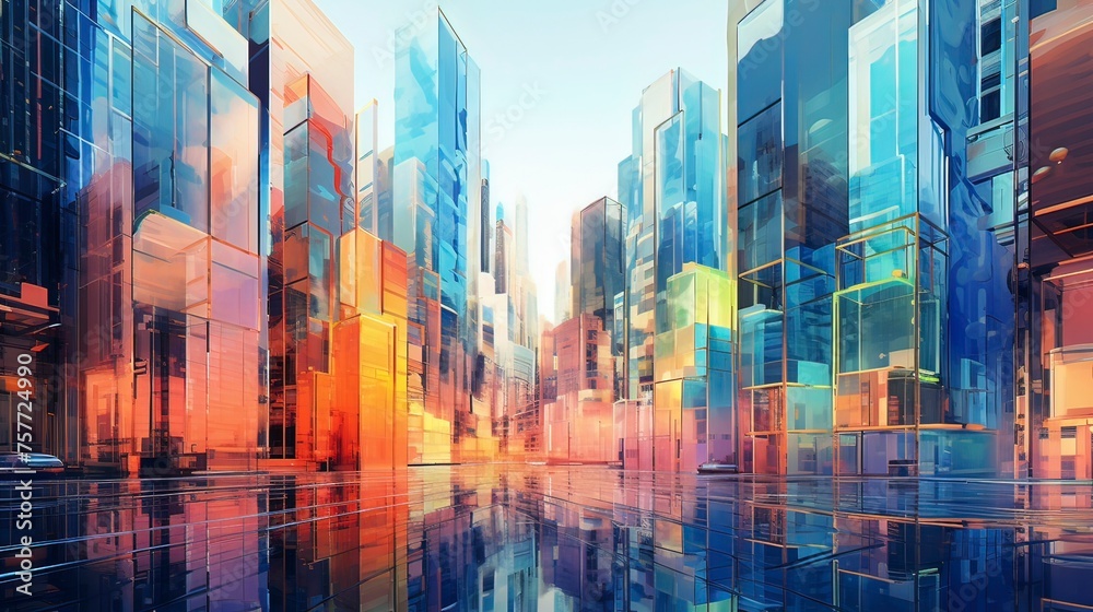 Reflective skyscraper business office buildings towering over a bustling metropolis, Generative ai.