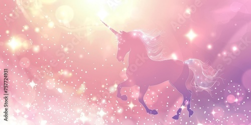 A unicorn with a long mane is seen running through the air against a background of glitter stars, a pink fantasy sky, and a holographic space with bokeh © pham