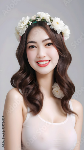Beautiful asian woman with wreath of flowers on her head