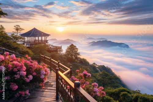 Morning mist at Doi Inthanon Chiang Mai Province It shows a beautiful view of mountains and a sea of mist. photo