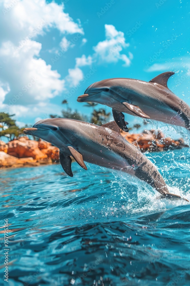 Obraz premium Two dolphins are jumping out of water in ocean