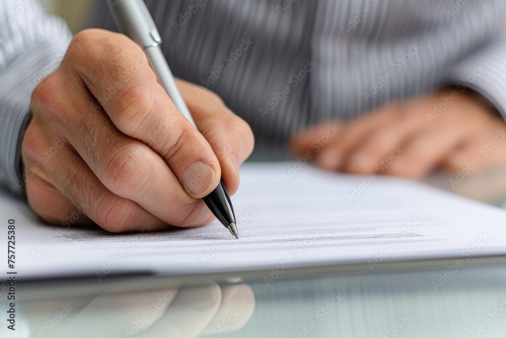 Person is writing with pen on piece of paper