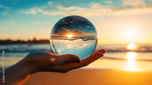A person's hand holding a crystal ball that reflects the beautiful sunset over the ocean horizon, showing an inverted view photo