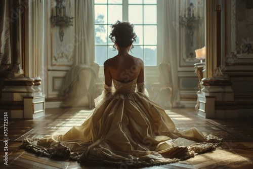 Woman of distinction in period Napoleonic gown, seated centrally in an expansive room, illuminated by natural daylight, wide frame, cultural richness, period elegance, architectural 