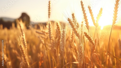 Field of golden wheat with sun shining on it