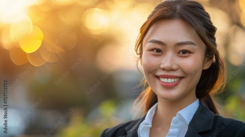 Woman with smile on her face is wearing black jacket and white shirt Woman with smile on her face is wearing black jacket and white shirt