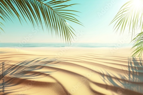 Beach scene with palm trees and blue sky