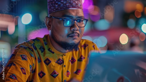Man wearing glasses and yellow shirt is looking at laptop