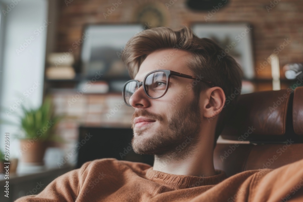 Man wearing glasses is sitting in chair and looking out window Man wearing glasses is sitting in chair and looking out window