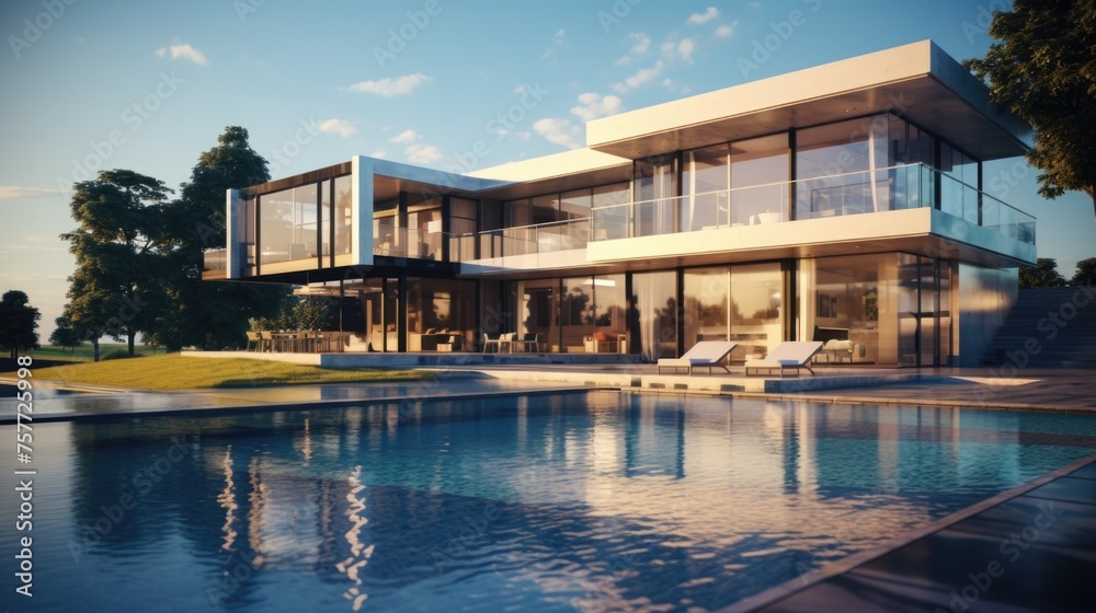 Large house with pool and glass wall