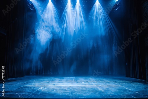 An empty theater stage with classic backdrop decoration illuminated by spotlights for an opera performance