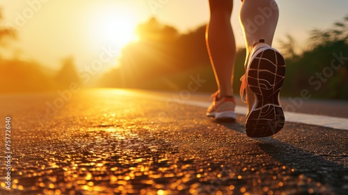 Woman is running on road with sun shining on her