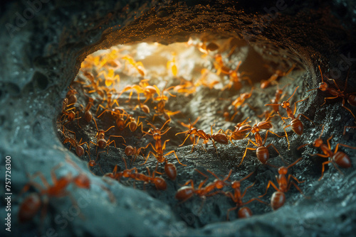Close-up of a bustling underground ant colony showcasing ants collaborating to expand their nest photo