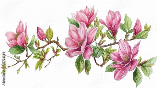 Painting of pink flowers with green leaves