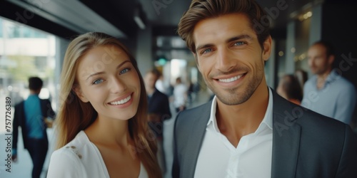 Man and woman are smiling at camera in busy area