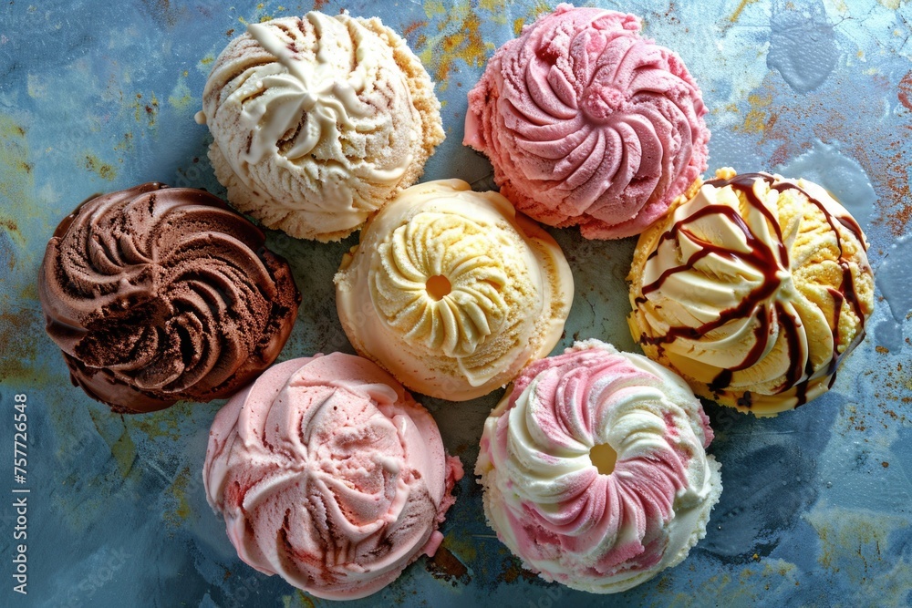 Row of ice cream cones with different flavors and toppings