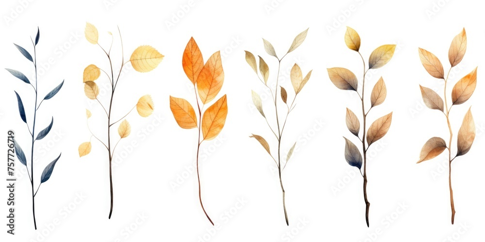 Row of watercolor leaves with varying shades of yellow and brown