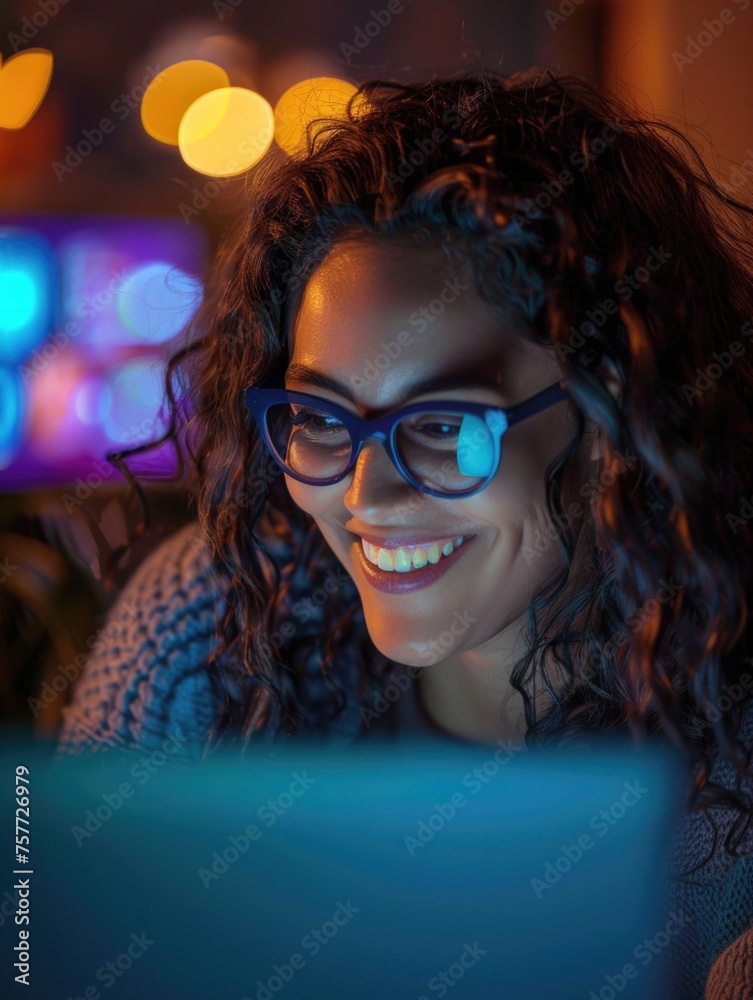 Woman with curly hair is smiling at computer screen Woman with curly hair is smiling at computer screen