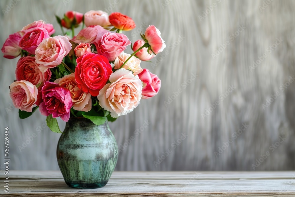 Vase of pink and white flowers sits on wooden table Vase of pink and white flowers sits on wooden table