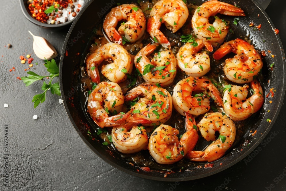 Plate of shrimp is sitting on black pan Plate of shrimp is sitting on black pan