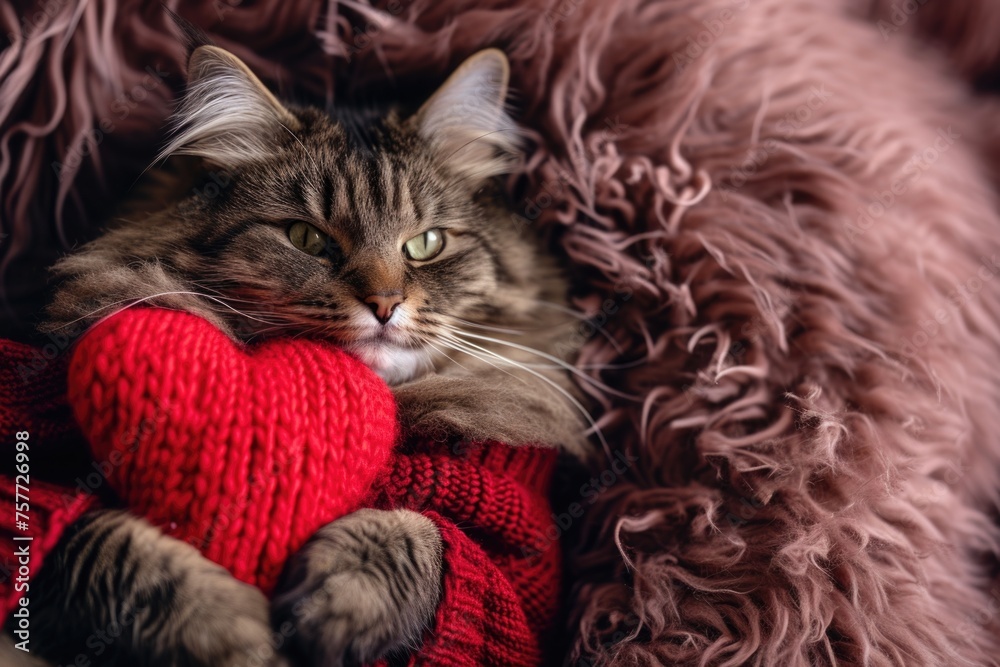 Naklejka premium Cat is holding red heart in its mouth