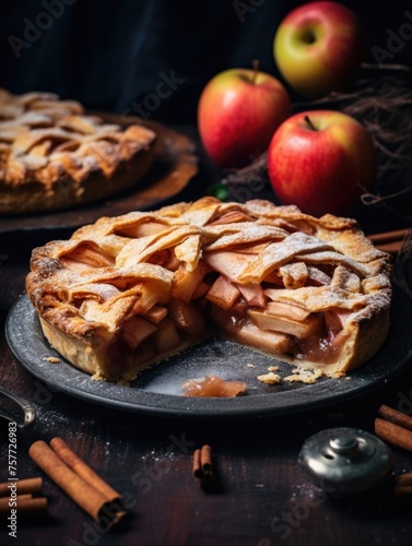 Pie with slice missing is on plate with two apples