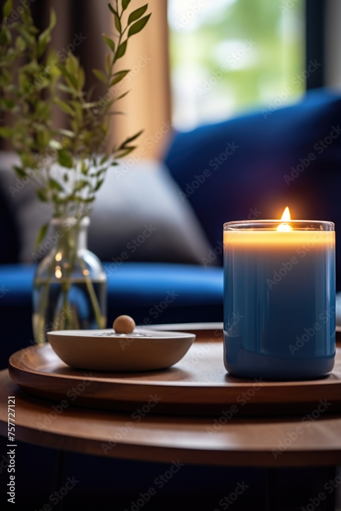 Blue candle is lit on table next to vase of green leaves Blue candle is lit on table next to vase of green leaves