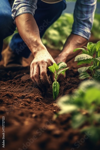 Man is planting seedling in dirt