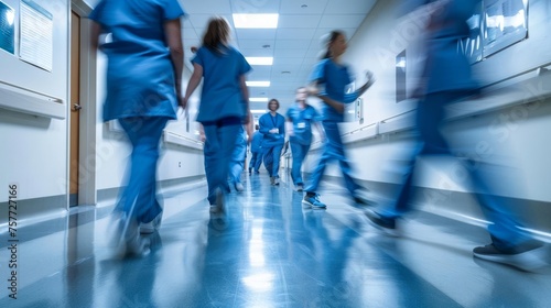 Blurred motion of medical professionals in blue scrubs walking through a hospital corridor