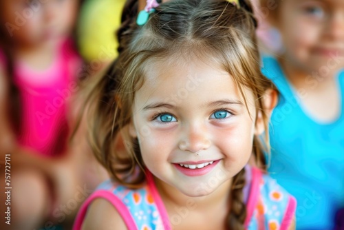 Young girl with blue eyes and pink shirt is smiling