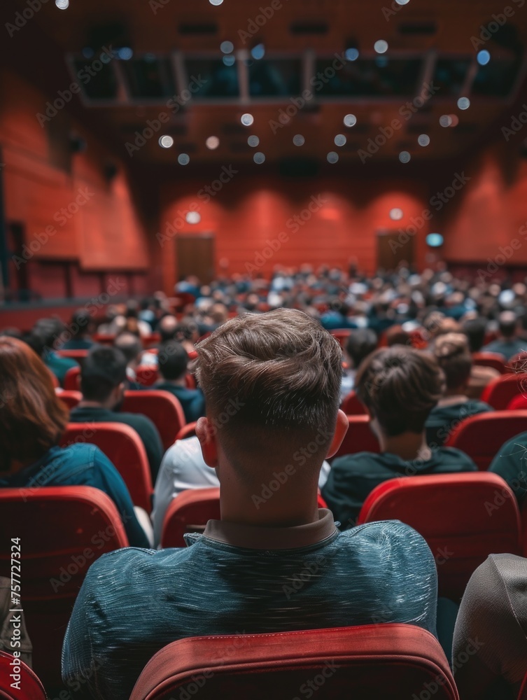 Man sits in red chair in crowded theater