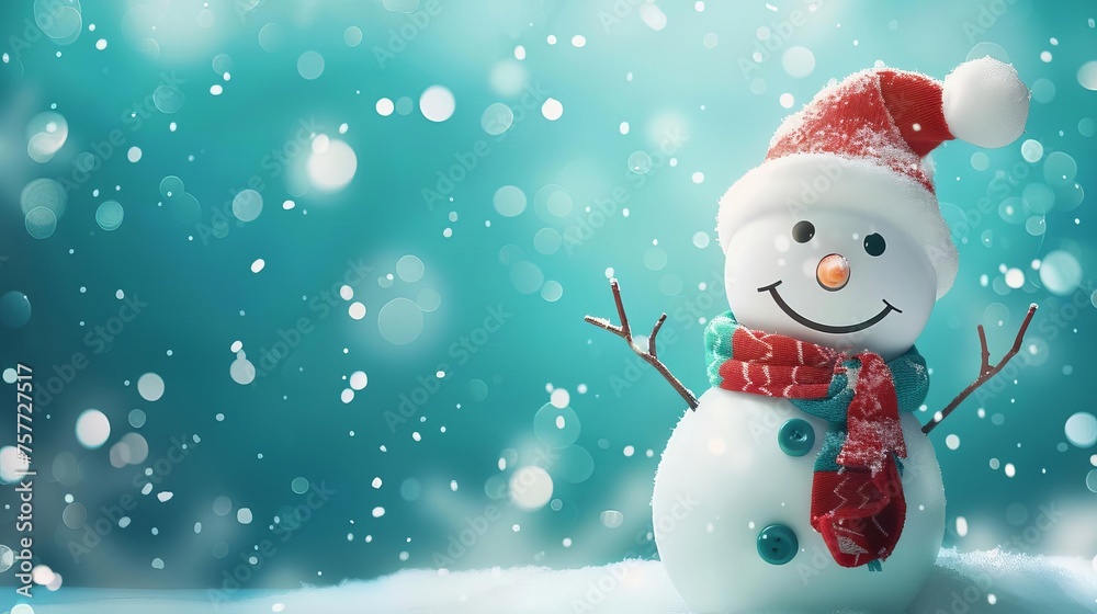 Cheerful snowman with a jolly smile against a vibrant blue winter background